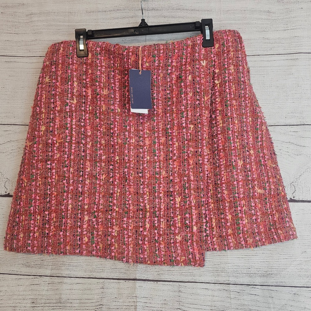 Skies Are Blue Size XL Pink Multi‎ Tweed Faux Wrap Mini Skirt NWT 1042